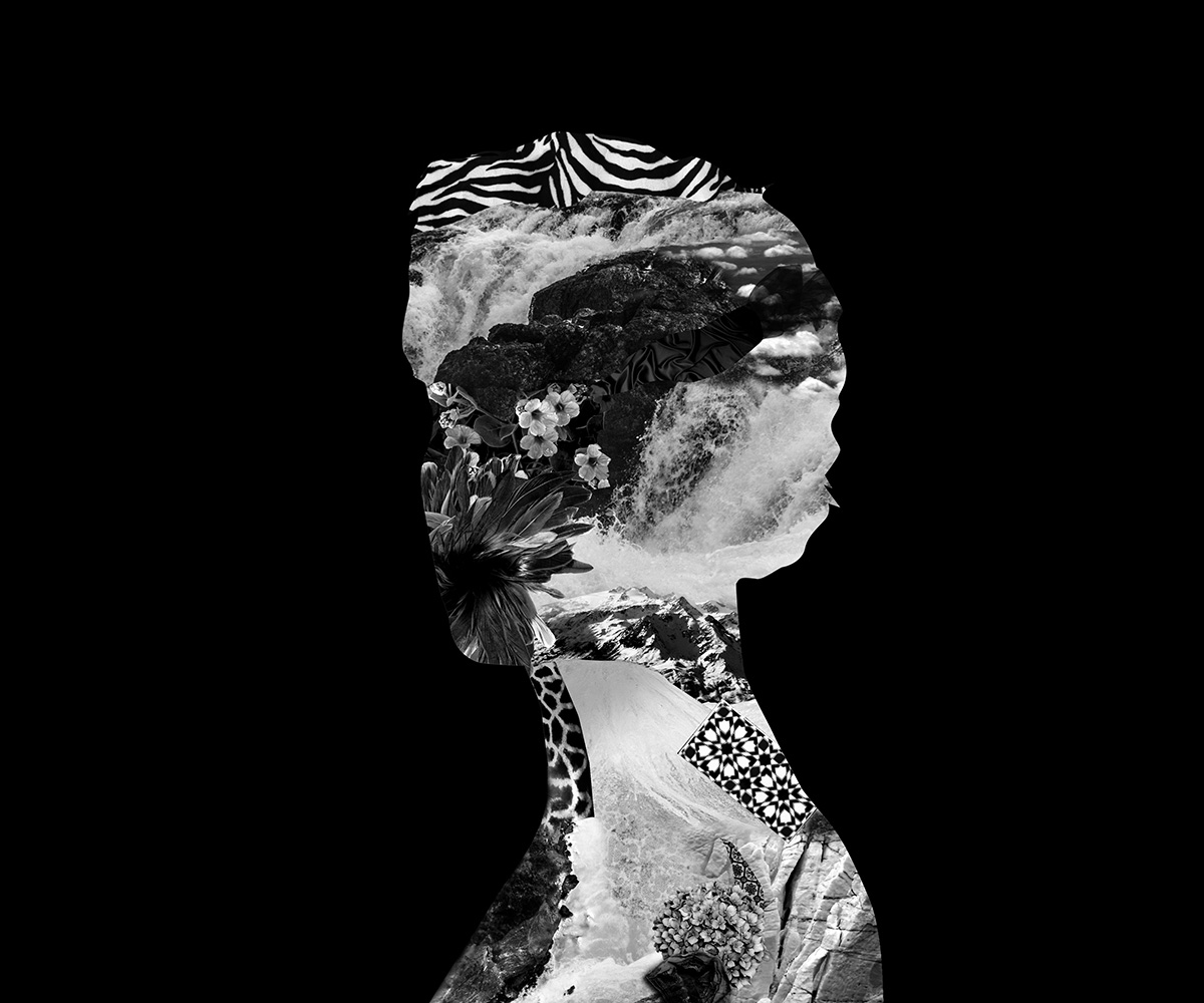 Collage portrait femme fond noir graphiste Nantes