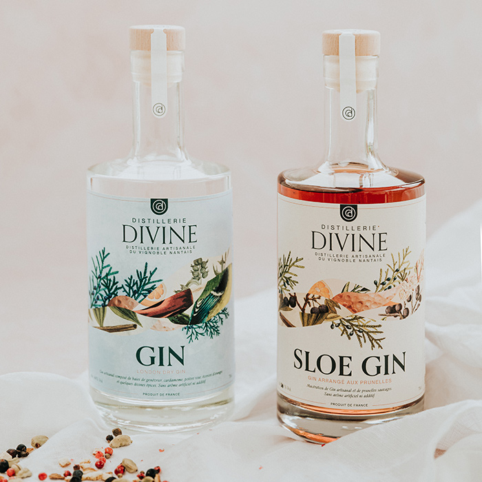 Étiquettes de gin, Distillerie Divine, Antoine Gadiou